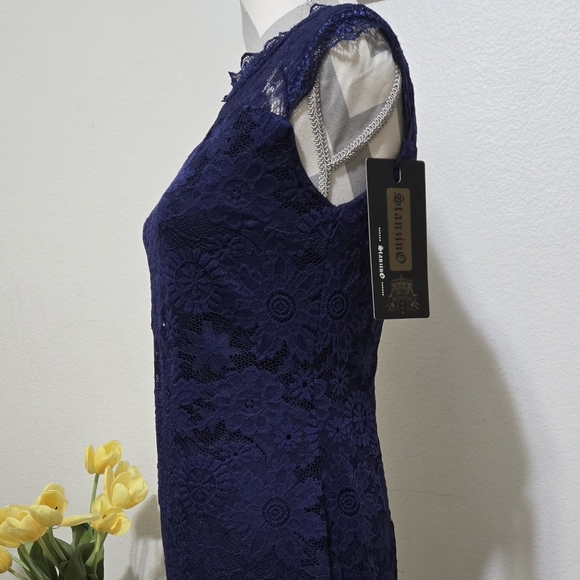 Blue Lace Sleeveless Cocktail Semi-formal Dress Size Medium - Picture 4 of 12